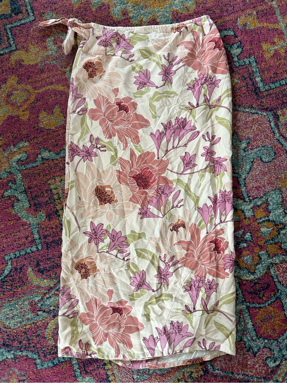 Tommy Bahama | Women’s Peach/Multicolor Floral 100% Silk Faux Wrap Maxi Skirt S - Picture 7 of 11